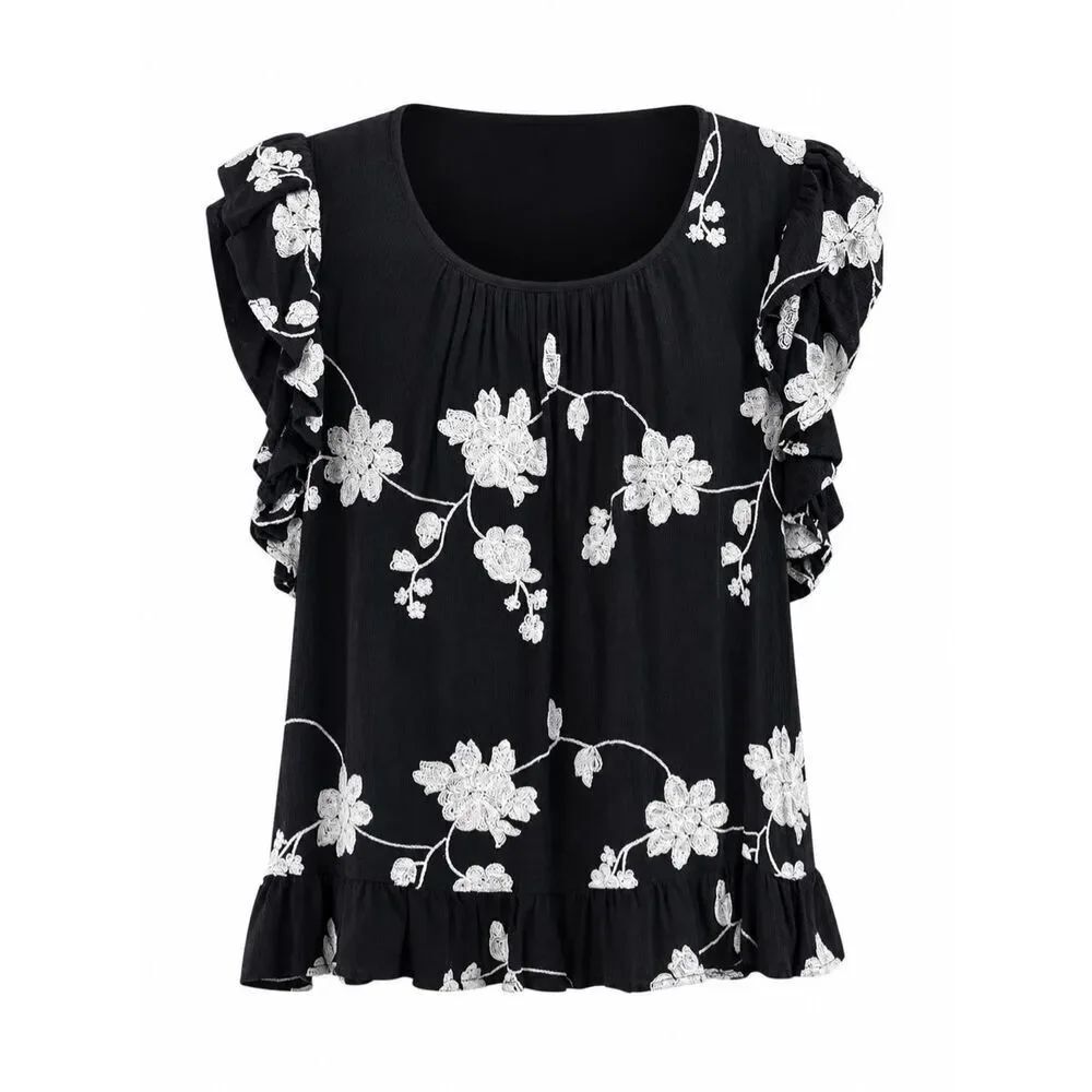 LIV Los Angeles Women’s Size L Black White Floral Embroidered Boho Blouse
